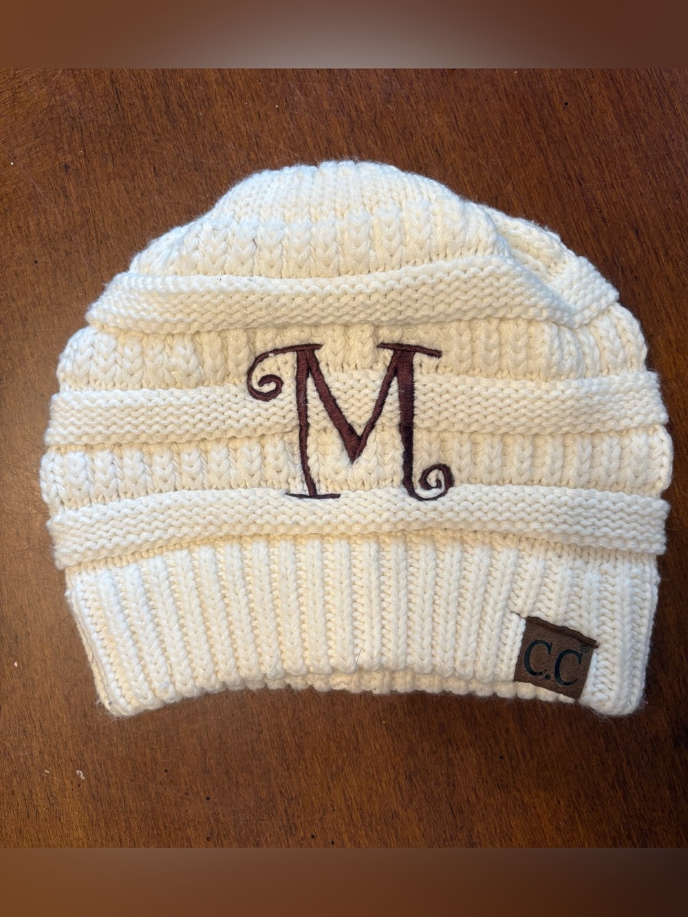 C.C  White Knit Monogrammed Beanie Hat Letter M